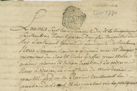 15J5 procédure contre les pêcheurs de Gruissan pour infractions à l'interdiction de la pêche aux bœufs (procès-verbaux de saisie et de destruction des bateaux et du matériel de pêche, enquêtes  , 1769-1771