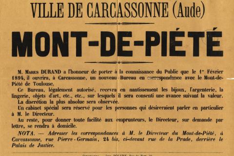 Affiche qui annonce l'ouverture du  Mont-de-Piété de Carcassonne en 1894 