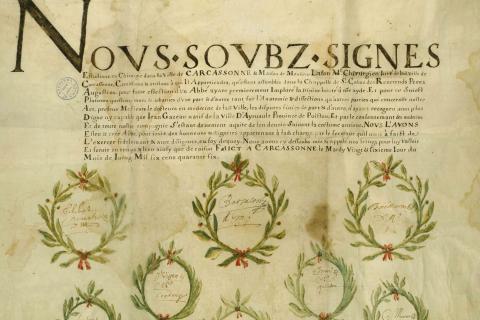 3 J 687 Couverture : Gazeau (Jean).- Election par les étudiants en chirurgie de Carcassonne, assemblés dans la chapelle des Augustins d'un abbé en la personne de Jean Gazeau, natif d'Airvault en Poitou, 26 juin 1646, Don des Archives départementales de la Haute-Garonne