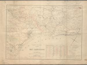 Carte viticole, annuaire du Bas-Languedoc (et partie du Roussillon) par A. Pichou : récolte de l'année 1871. Ech. au 200 000e. 1871