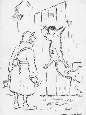 Soldat de première classe venant de clouer sur une palissade Hitler, figuré avec un corps de rat. Dessin de Pierre Dantoine, série 1936-1939.